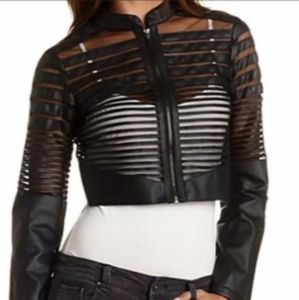 Black Faux Leather Mesh Cropped Jacket